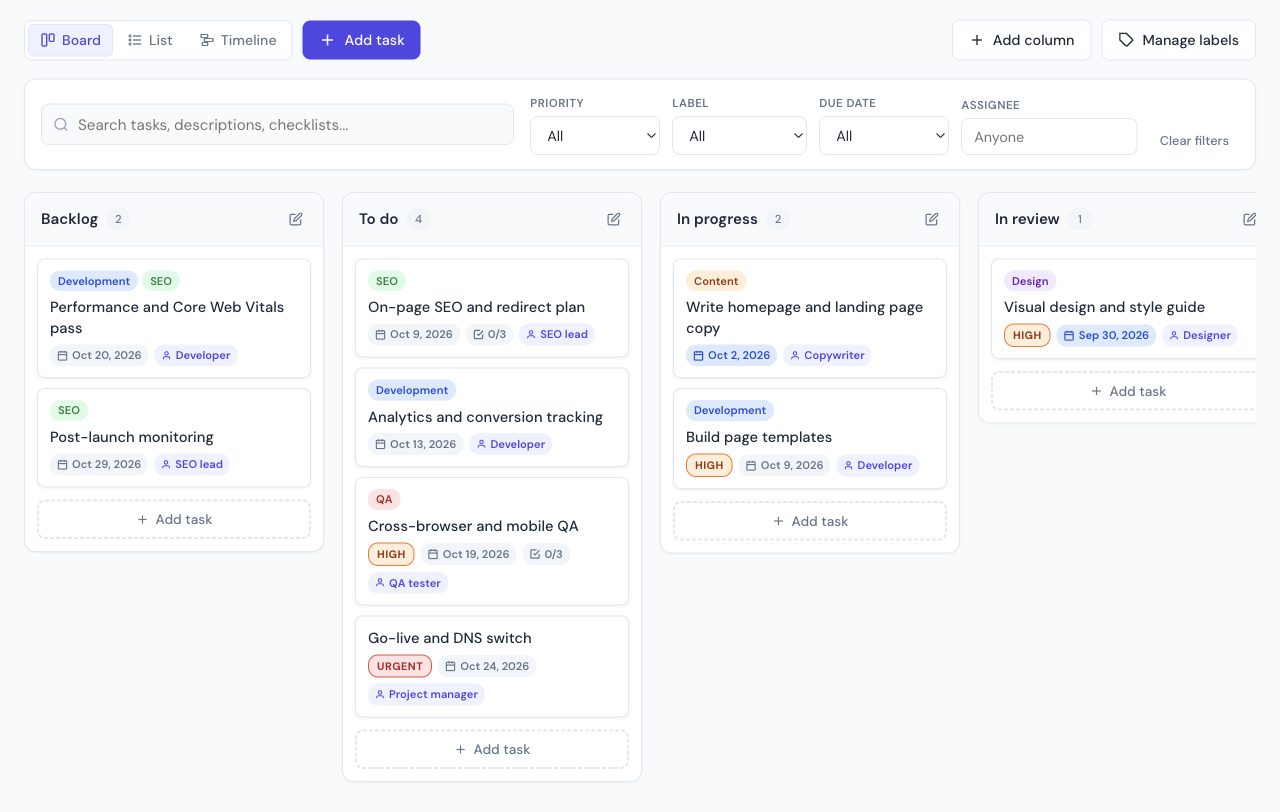 Kanban board view of a project tracker in the free planner